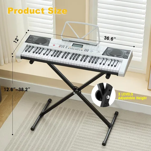 Miniatura 6 de MUSTAR Teclado de Piano de 61 Teclas, Teclado de Piano Eléctrico MEKS-400 con Teclas Iluminadas, Teclados de Piano de Aprendizaje para Plateado