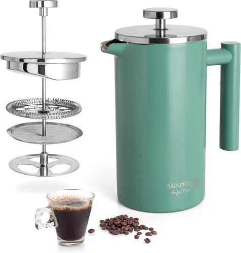 Mixpresso Cafetera de Prensa Francesa de Acero Inoxidable Verde 26 Oz 770 Ml, Prensa Francesa de Acero Inoxidable con Aislamiento de Doble Pared,
