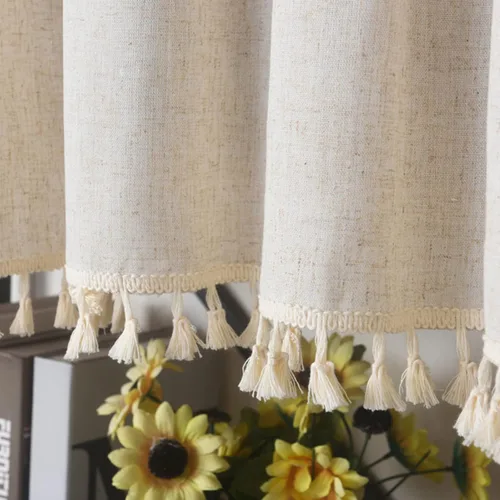 Miniatura 36 de Deeprove Cortinas bohemias para dormitorio, rayas huecas de ganchillo crema y estampado floral, tela de lino de algodón, con borlas beige bohemias