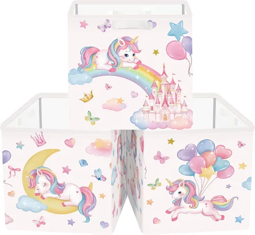 Miniatura 9 de Clastyle Juego de cestas de almacenamiento plegables de unicornio rosa para niños, organizador de ropa, cuarto de bebé, juguetes para niñas, estante