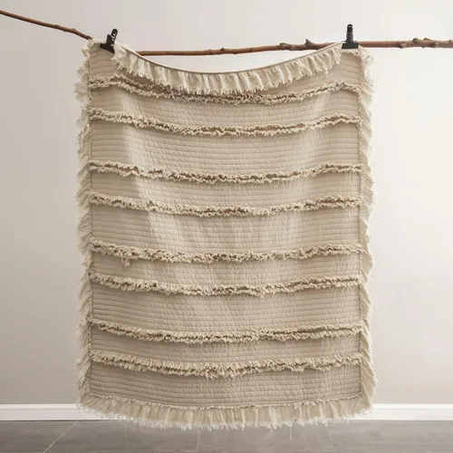 Miniatura 6 de Manta de tiro bohemia acolchada prelavada ultra suave, manta decorativa beige con flecos y volantes, manta rústica chic lavada a la piedra