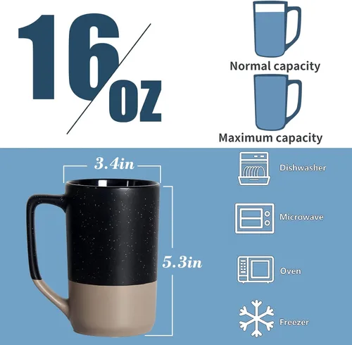 Miniatura 2 de Juego de 2 tazas de café grandes de 16 onzas, tazas de té negro para comedor, tazas altas de cerámica con asa, taza grande a granel con moteado