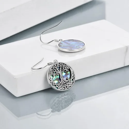 Miniatura 4 de Aretes de plata de ley con diseño de árbol de la vida celta con concha de abulón para mujer