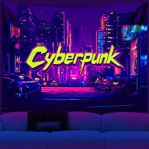 Miniatura 8 de NYZE Tapiz de luz negra de ciudad, tapiz de anime japonés, juego punk, fantasía, vista nocturna, paisaje urbano, arte futurista, neón, tapices