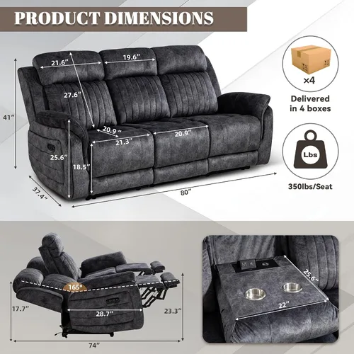 Miniatura 2 de Sofá biplaza reclinable eléctrico Zero Gravity con reposacabezas ajustables, sillón reclinable eléctrico con consola, sofá reclinable eléctrico de 2