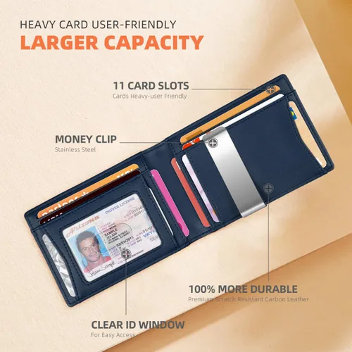 Miniatura 38 de RUNBOX - Carteras delgadas para hombre, cartera de piel con pinza para el dinero, cartera de bolsillo frontal con bloqueo RFID, tarjetero