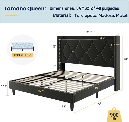 Miniatura 2 de Allewie Base de cama tapizada Velvet Queen con cabecera de almacenamiento con respaldo alado y estación de carga, cama de plataforma con diseño Negro