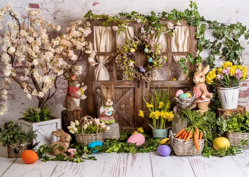 Telón de fondo de Pascua de primavera de 7 x 5 pies, fondo de fotografía de Pascua, conejo, color huevos, flores, fondo de madera rústica, telón de