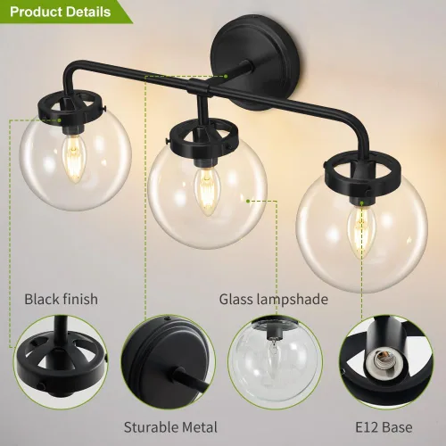 Miniatura 5 de Lámparas de Tocador de Baño Negras Sobre Espejo, Aplique de Pared Moderno Negro Mate de 3 Luces con Pantalla de Bola de Vidrio Transparente, Luces