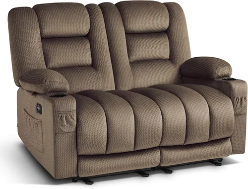 MCombo PR648SET - Sofá reclinable eléctrico de gravedad cero de 55.9 pulgadas con masaje de calor y vibración, sofá biplaza reclinable con puertos