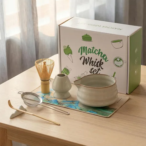 Miniatura 4 de Juego de cuencos de matcha, juego de matcha de cerámica con cuenco y batidor, soporte para batidor, tamiz, cuchara, reposapallo y toalla de té, kit