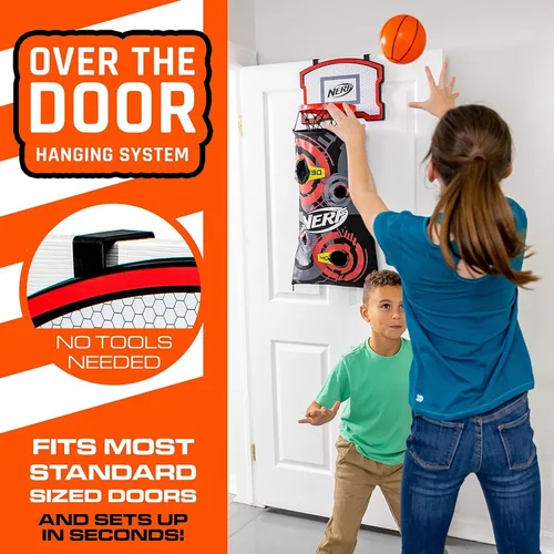 Miniatura 4 de NERF Cesta de aro de baloncesto – Cesta para ropa sucia sobre la puerta + objetivo de disparo – Mini canasta de aro + juego de baloncesto