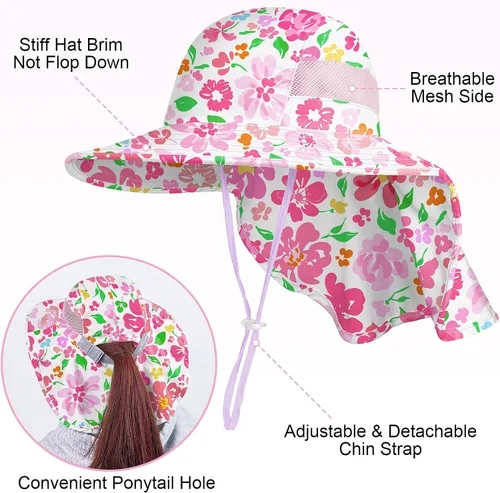 Miniatura 74 de Sombrero de sol para niños, protección UV, unicornio, verano, playa, jugar con ala ancha, solapa para el cuello para niñas y niños