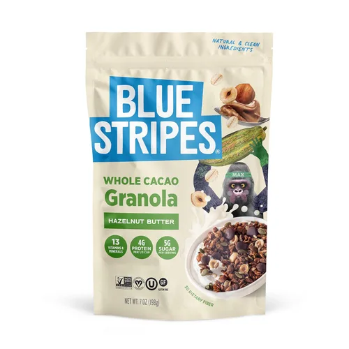Miniatura 8 de Blue Stripes Granola de cacao entero con mantequilla de maní y plátano, 8 onzas