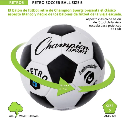 Miniatura 3 de Champion Sports® Balón de fútbol retro – Diseño clásico en blanco y negro, cubierta de TPU de tacto suave, balón para todo clima para juego de club