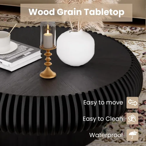 Miniatura 5 de Mesa de centro redonda de tambor estriado para sala de estar, mesas de centro modernas de mediados de siglo con pedestal resistente, mesa de té negro