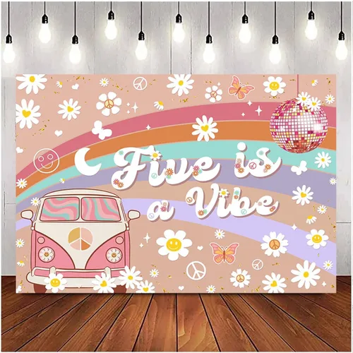 Miniatura 4 de Five is a Vibe Girl - Fondo de fotografía para fiesta de cumpleaños de 5 años, diseño de arco iris rosa, flores blancas pequeñas, telón de fondo