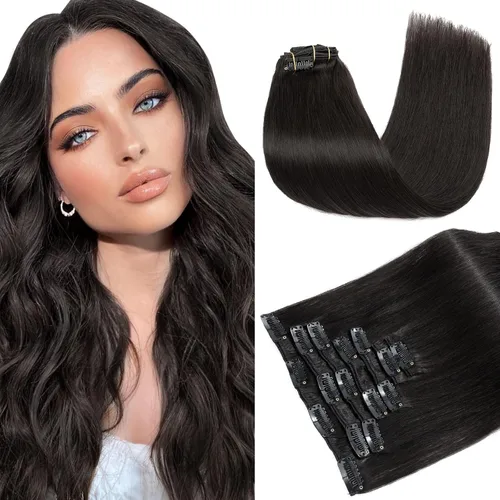 S-noilite - Extensiones de cabello humano real con clip, color negro natural #1B, doble trama, 16 pulgadas, balayage, lacio, 7 unidades, 4.23 oz