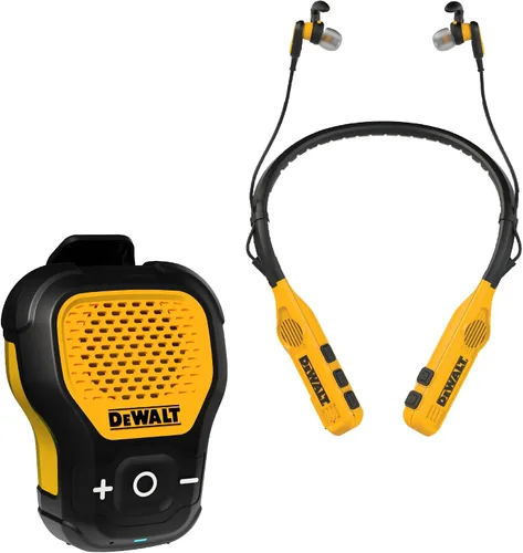 DEWALT Paquete de audio para el sitio de trabajo: altavoz de clip portátil y auriculares con banda para el cuello 2 en 1