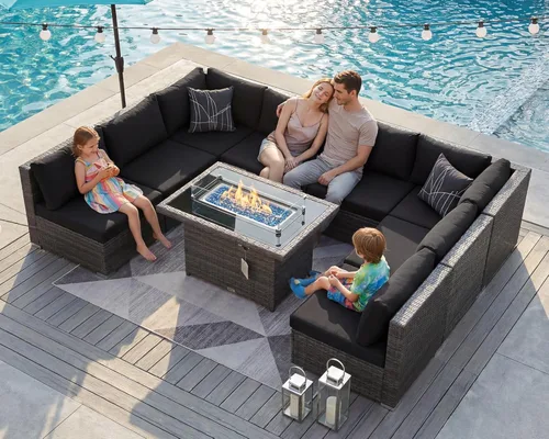Miniatura 20 de BULEXYARD Juego de 7 piezas de sofá seccional para exteriores con respaldo alto, mesa para fogatas, juego de muebles de patio de mimbre resistente a