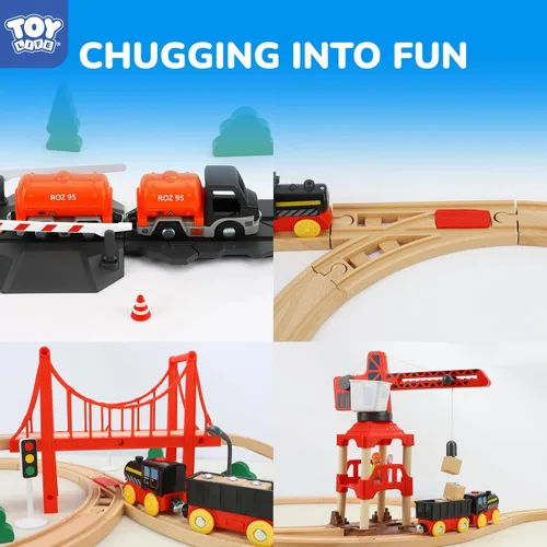 Miniatura 4 de TOY Life Juego de Tren de 81 Piezas con Grúa y Locomotora, Juguete de Tren de Madera, Vías de Tren de Madera para Niños Pequeños de 3, 4, 5 Años