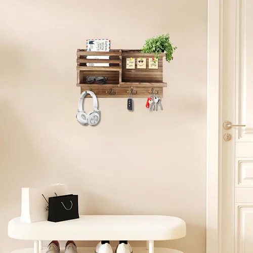 Miniatura 4 de Porta Llaves de Pared, Organizador de Llaves y Correo de Madera Sólida para Pared (Autoadhesivo o con Taladro), 8 Ganchos para Llavero para Entrada