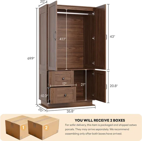 Miniatura 2 de LIKIMIO Armario de granja con puertas, armario de dormitorio de 70 pulgadas con luces LED y barra para colgar, armario grande de madera con 2 Nogal