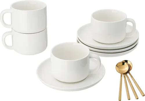 Miniatura 7 de Juego de 4 tazas de capuchino de 8 onzas, tazas de té con platillos y cucharas, tazas de té de cerámica negra, tazas de café para té, capuchino