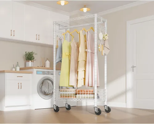 Miniatura 4 de VIPEK R1 - Perchero rodante con organizador de tablero de clavijas, armario portátil para colgar ropa con ruedas bloqueables y cesta extraíble