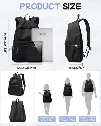 Miniatura 3 de Mochila escolar para adolescentes y niñas, color negro, simple, mochila escolar impermeable, mochila de escuela secundaria para niños, mochila
