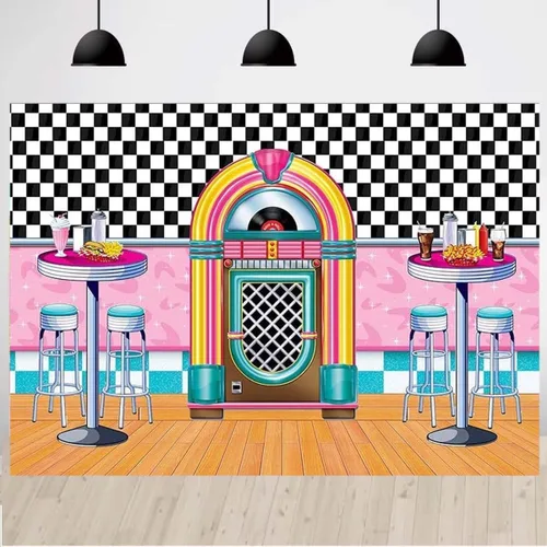 Fondo de fotos de comedor clásico para cenar, fondo retro para cenar, música rock, decoración clásica de fiesta de cumpleaños, taburetes de bar de