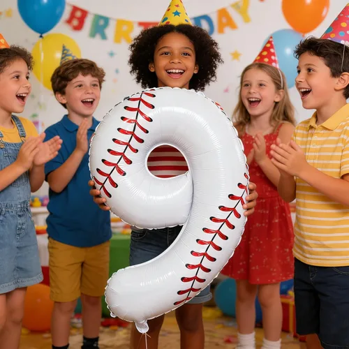 Miniatura 5 de Decoraciones de cumpleaños de béisbol, globo de béisbol número 9 de 40 pulgadas, globos temáticos deportivos para decoración de fiesta de cumpleaños