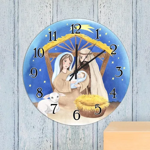 Miniatura 5 de Reloj de pared de madera de regalo cristiano de Feliz Navidad, Jesús es la razón, escena de la natividad, relojes de pared colgantes de granja