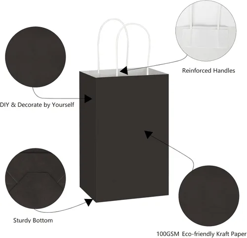 Miniatura 3 de Toovip Paquete de 100 Bolsas Pequeñas de Papel Kraft Negro de 5.25x3.25x8.25 Pulgadas con Asas a Granel, Bolsas de Papel de Regalo para Favores