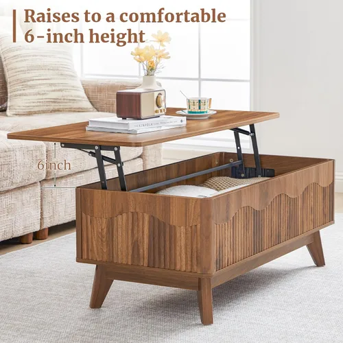 Miniatura 4 de BERRYMERRY Mesa de centro elevable con almacenamiento oculto, mesa de centro acanalada de granja con perfil ondulado, mesa central rectangular