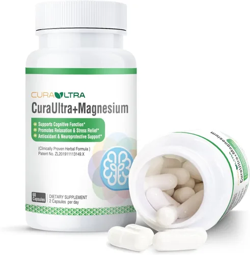 Óxido de magnesio y glicinato extra fuerte, suplemento de magnesio de alta absorción con vitamina, cúrcuma, curaUltra para memoria, enfoque,