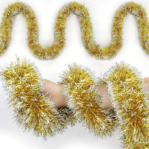 Guirnalda de oropel de Navidad de 50 pies con acabado metálico dorado con punta esmerilada, guirnalda colgante para decoración de árbol de Navidad,