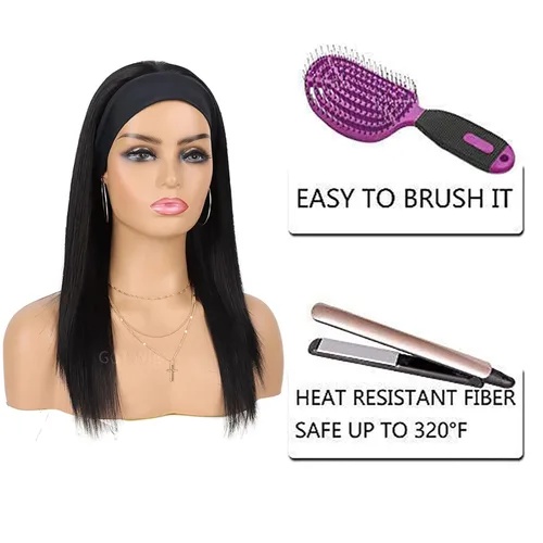 Miniatura 3 de G&T - Peluca de diadema sintética para mujer, color negro, lacio, sin pegamento, resistente al calor, aspecto natural para uso diario en fiestas