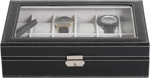 Miniatura 5 de LIANTRAL Caja de reloj para hombre regalo de San Valentín para él 12 ranuras de cuero organizador de reloj parte superior de cristal negro