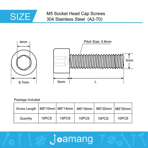 Miniatura 2 de M5 x 10 mm, 14 mm, 18 mm, 20 mm, 25 mm Tornillos de cabeza hexagonal, Acero inoxidable 304, unidad hexagonal Allen métrica, acabado brillante