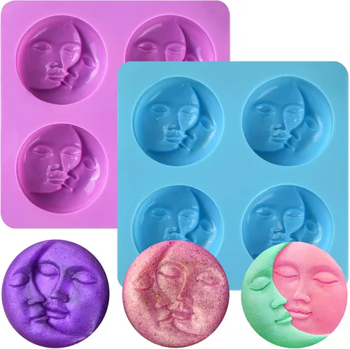 2 moldes de jabón de silicona, moldes de jabón facial de sol y luna para hacer jabón, moldes de bomba de baño para bomba de baño, chocolate, vela,