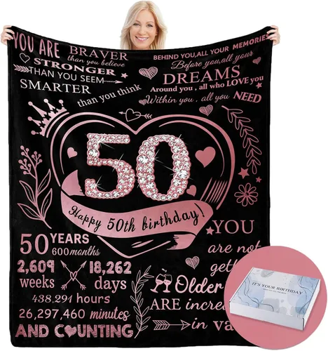 Miniatura 8 de Regalo de 50 cumpleaños para mujer y ella, manta de regalo de cumpleaños 50 Con caja de regalo, 50 x 60 pulgadas, lavable a máquina, transpirable