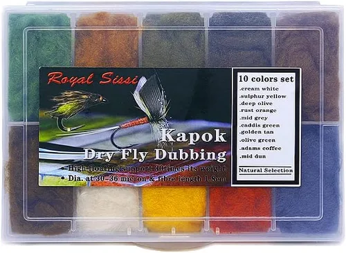 Kapok - Dispensador de doblaje para moscas secas, 10 colores, varios colores, fibra Kapok, para atar moscas