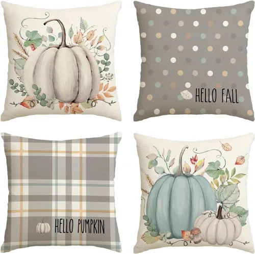 Miniatura 8 de AVOIN colorlife Juego de 4 fundas de almohada de Hello Fall Hello Pumpkin de 16 x 16 pulgadas, cosecha de Acción de Gracias de otoño, decoración