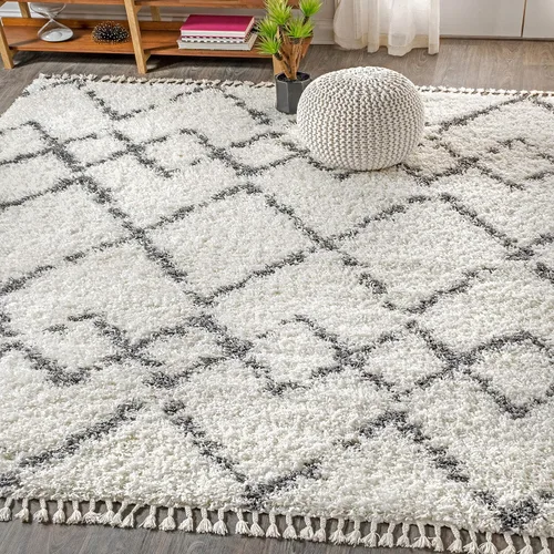 Miniatura 9 de Eyely RCM102A-28 Mercer SHAG - Alfombra de pasillo para interiores con borlas, marroquí, tribal, geométrica, enrejado, contemporánea; bohemio, Azul