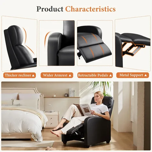 Miniatura 6 de Sweetcrispy Silla reclinable de piel sintética, sofá reclinable sin masaje, asiento de cine en casa con soporte lumbar, respaldo ajustable, relleno