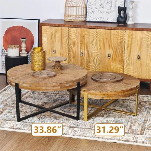 Miniatura 5 de Mesa de café redonda moderna retro con empalmes de 31.29", tablero de madera de abeto con base de patas cruzadas negras Negro (31.1 in)