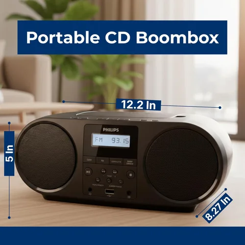 Miniatura 8 de Philips Reproductor de CD portátil Boombox con Bluetooth, radio FM, altavoces Dynamic Bass Boost, entrada USB/auriculares/auxiliar, reproductor