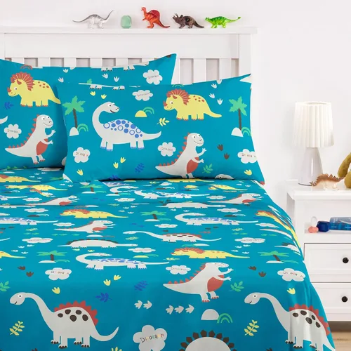 Miniatura 8 de Wake In Cloud - Sábanas de dinosaurio para niños, 100% algodón, juego de sábanas de 4 piezas para niños, lindo estampado colorido de dibujos Azul