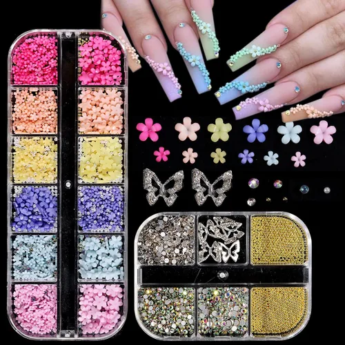 Abalorios de uñas con flores 3D, flor acrílica rosa pastel 3D para uñas, cuentas de caviar doradas, decoración de uñas, kit de diamantes de